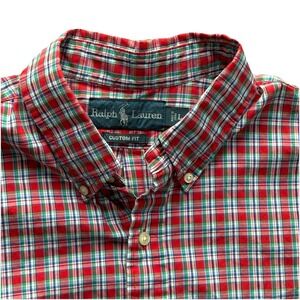 Ralph Lauren Button Down Shirt Men Large Red Plaid Cotton Short Sleeve Polo Logo